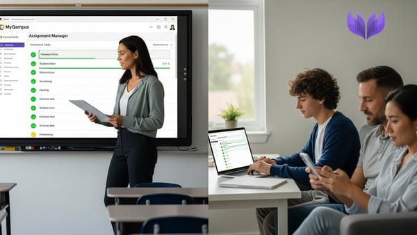 “Teacher, student and parents using MyQampus Assignment Manager homework dashboard.”