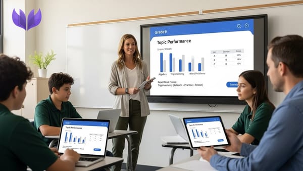 Teacher shows Grade 9 math topic dashboard; students and coordinator review it on tablets.